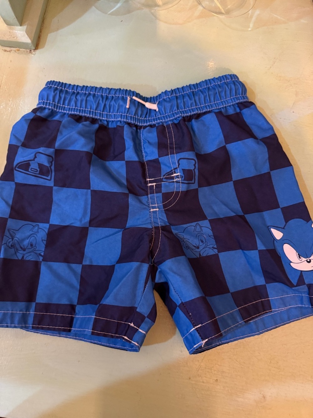 Boys Blue Check Swim Shorts with Character Accent